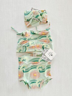 Kate Quinn Ocean Sun Tie Rouched Set Retro Sunsuit 3-6 Months with Bow Headband
